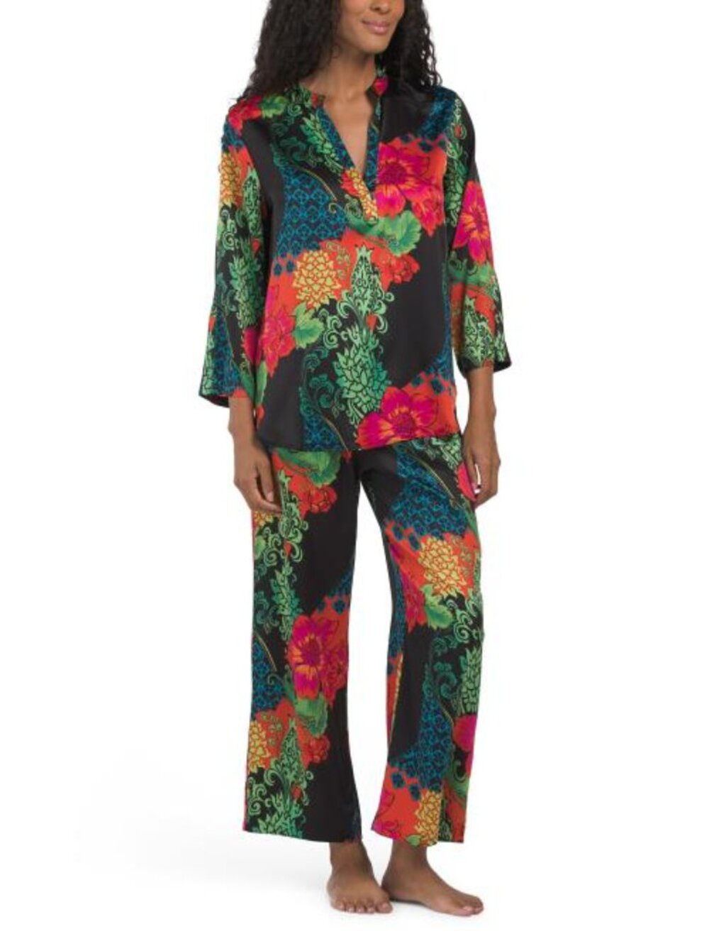 N NATORI 2pc Harvest Printed Satin Mandarin Pajama Top And Pants Set